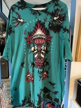 Affliction Teal Tie-Dye Graphic Short Sleeve Tee with Red Accents